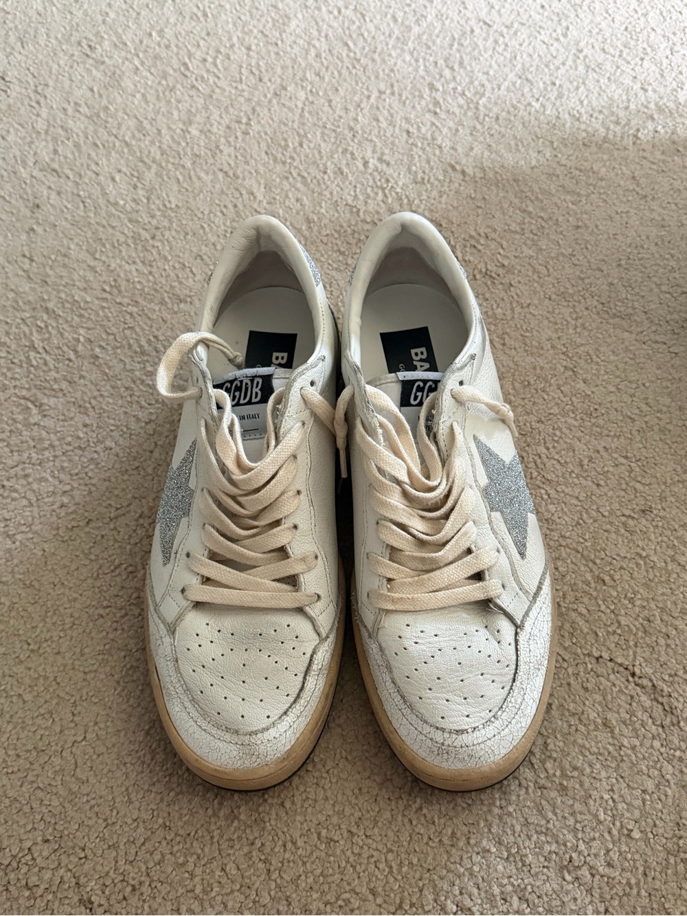 Golden Goose White Ball Star Leather Sneakers with Silver Glitter Star Accent - Picture 4 of 8